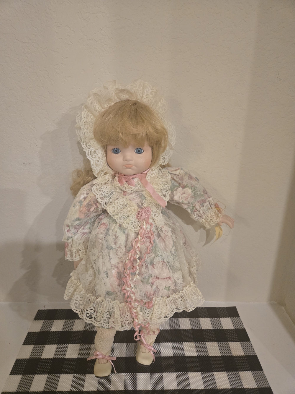 Vintage-Inspired Porcelain Baby Doll in Cream and Pink Dress